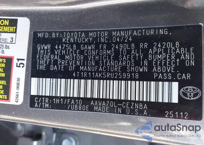 4T1R11AK5RU259918: 43567720