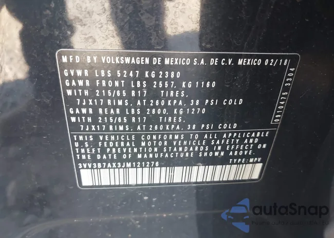 3VV3B7AX3JM121276: 43567785