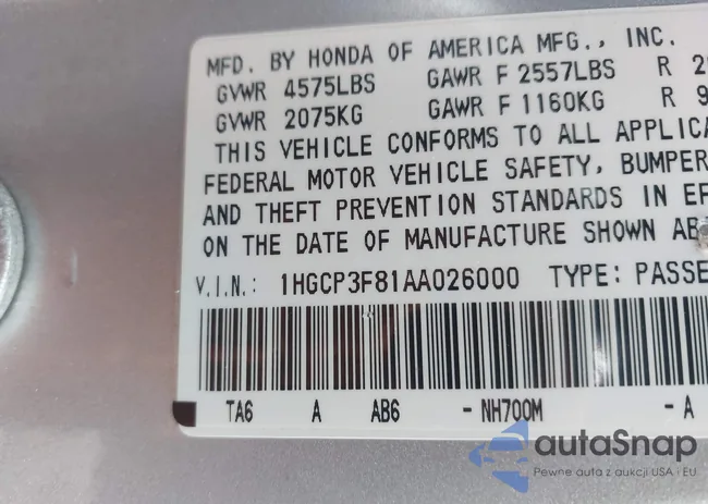 1HGCP3F81AA026000: 43568573