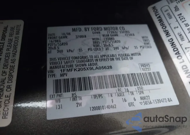 1FMFK205X9LA05628: 43568130