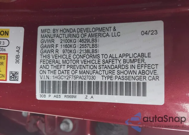 1HGCY2F75PA027030: 43570667