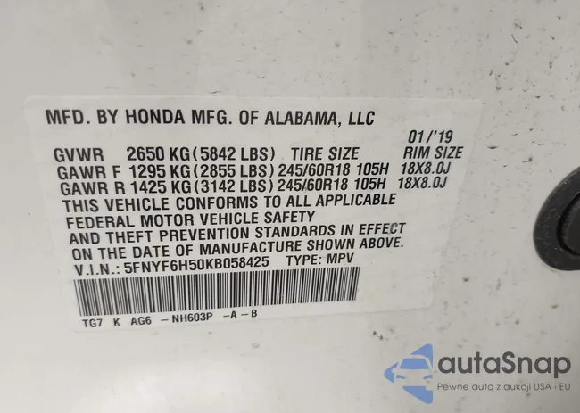 5FNYF6H50KB058425: 43570879