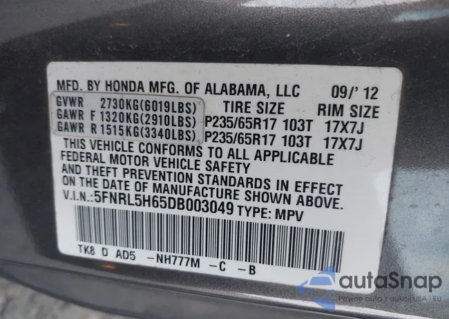 5FNRL5H65DB003049: 43571732