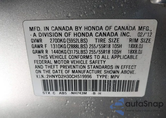 2HNYD2H30CH519996: 43571753