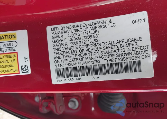 1HGCV1F43MA072780: 43572383