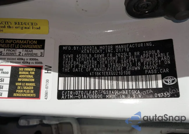 4T1BK1EBXGU210106: 43572528