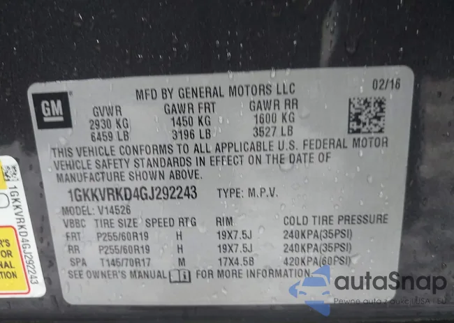 1GKKVRKD4GJ292243: 43572682