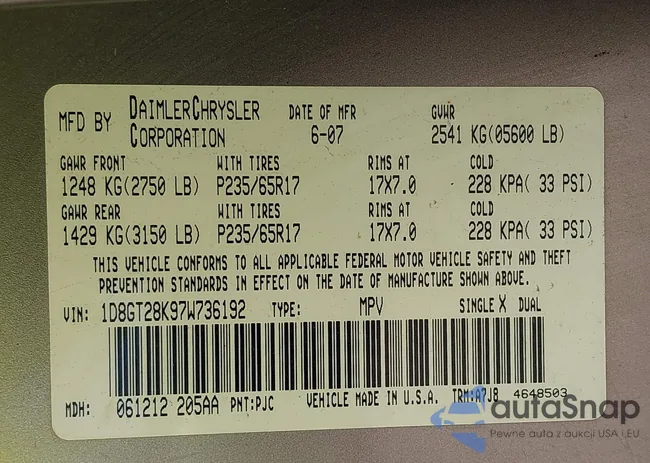 1D8GT28K97W736192: 43574628