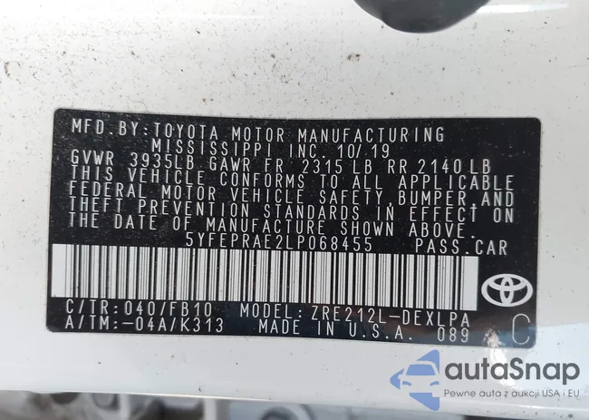 5YFEPRAE2LP068455: 43574653