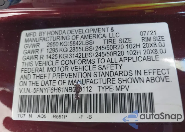 5FNYF6H61NB000112: 43575670