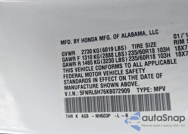 5FNRL6H76KB072909: 43575729