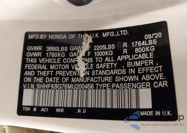 SHHFK8G76MU200456: 43575755