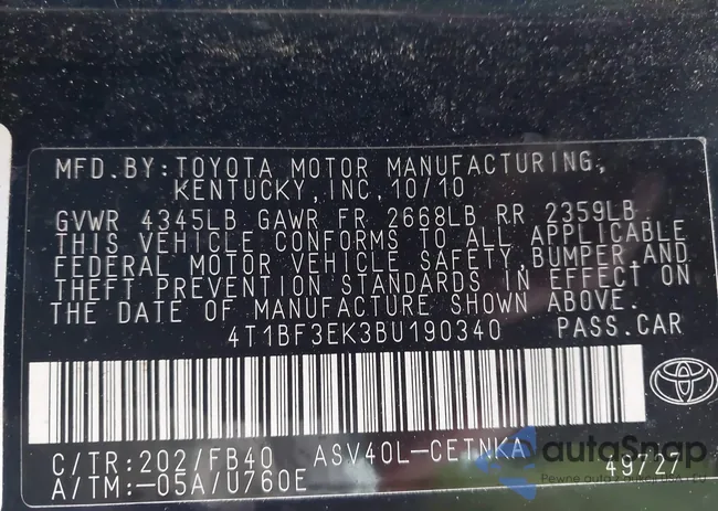 4T1BF3EK3BU190340: 43576540