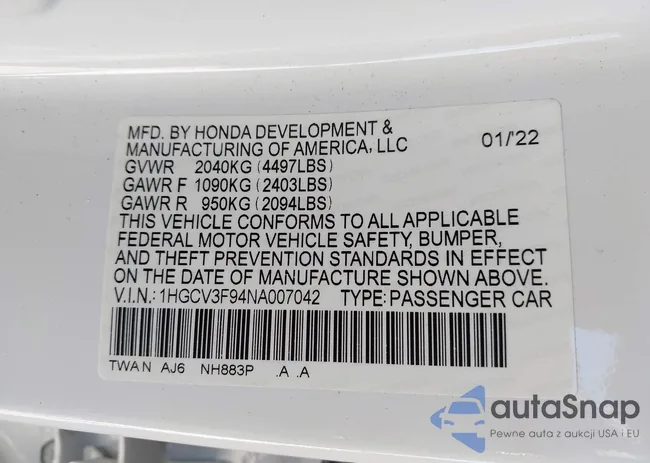 1HGCV3F94NA007042: 43577350