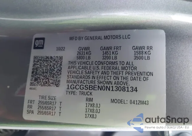 1GCGSBEN0N1308134: 43578344