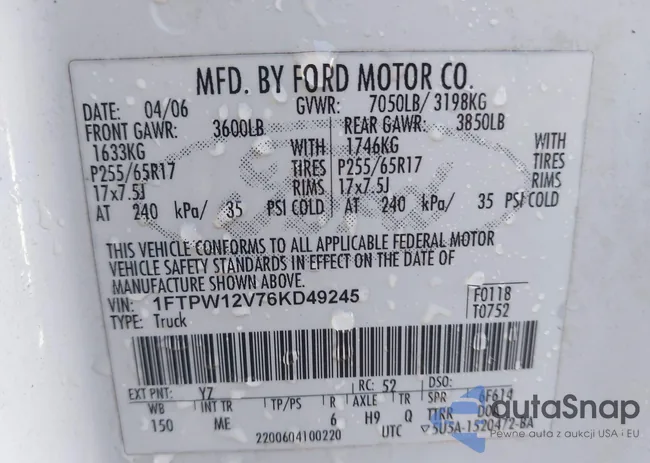 1FTPW12V76KD49245: 43578623