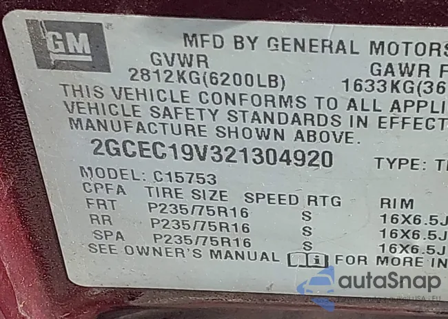 2GCEC19V321304920: 43581778