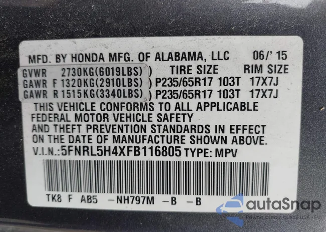 5FNRL5H4XFB116805: 43581013