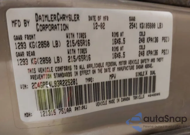 2C4GP54L93R225281: 43582575