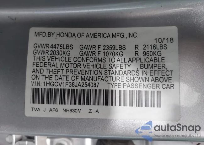 1HGCV1F38JA254087: 43581942