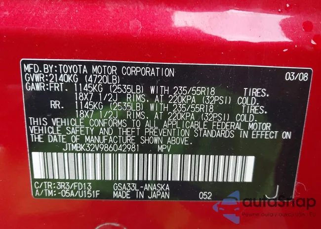 JTMBK32V986042981: 43582009