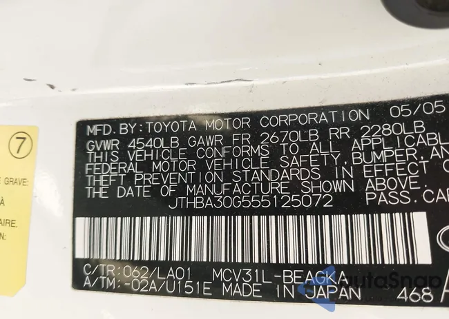 JTHBA30G555125072: 43583531