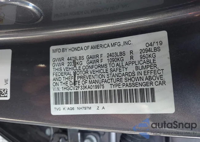 1HGCV2F33KA019975: 43583701