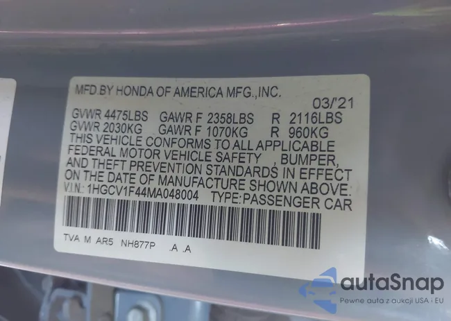 1HGCV1F44MA048004: 43583012