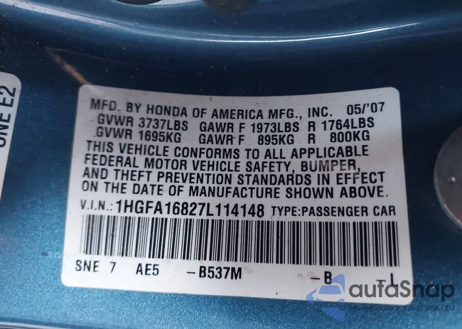 1HGFA16827L114148: 43583070