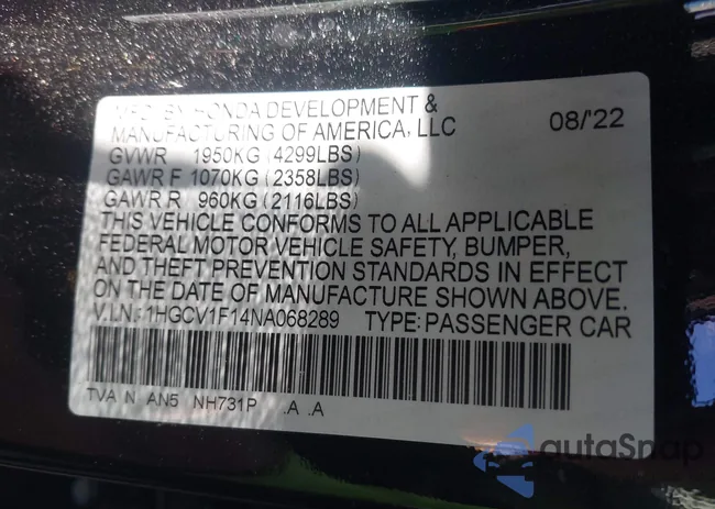 1HGCV1F14NA068289: 43585393
