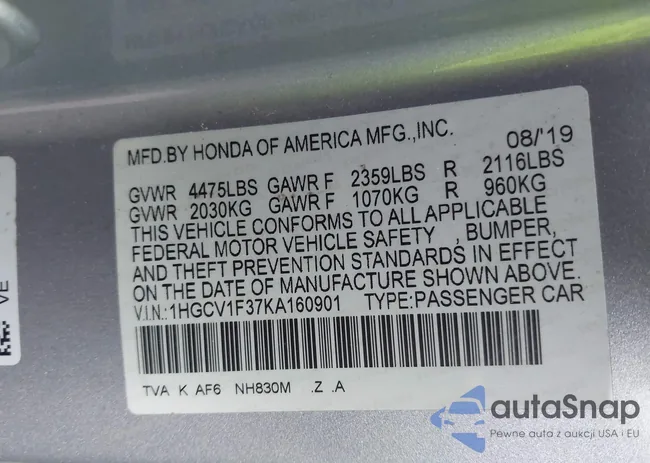 1HGCV1F37KA160901: 43585210