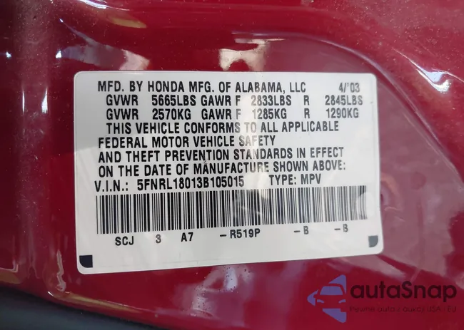 5FNRL18013B105015: 43586807