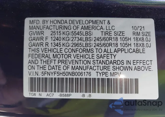 5FNYF5H50NB006176: 43587136