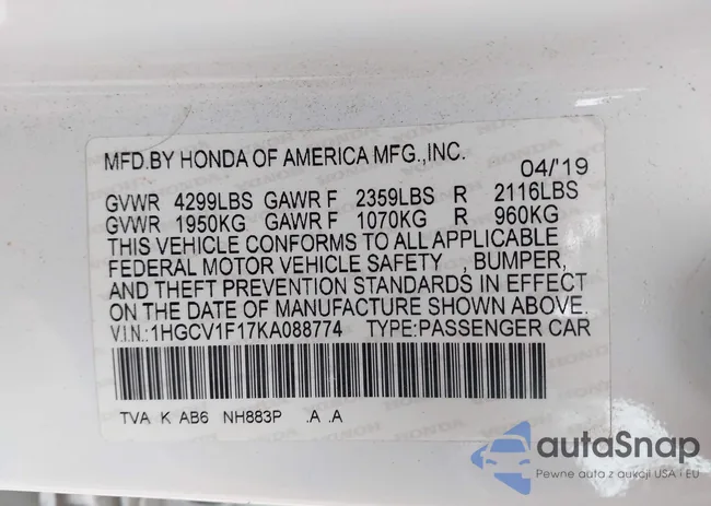 1HGCV1F17KA088774: 43588603