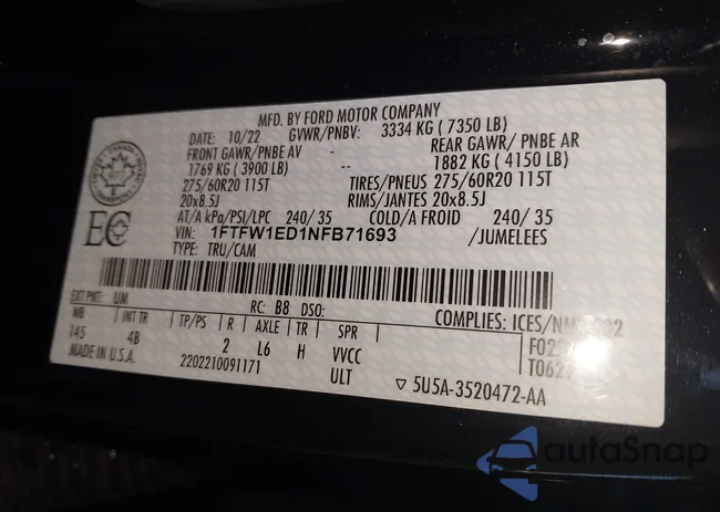 1FTFW1ED1NFB71693: 43590128