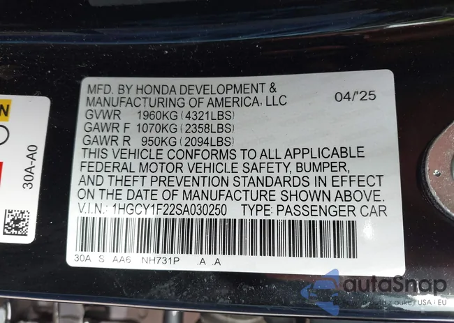 1HGCY1F22SA030250: 43591230