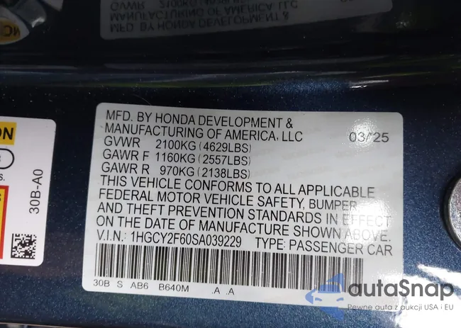 1HGCY2F60SA039229: 43591293