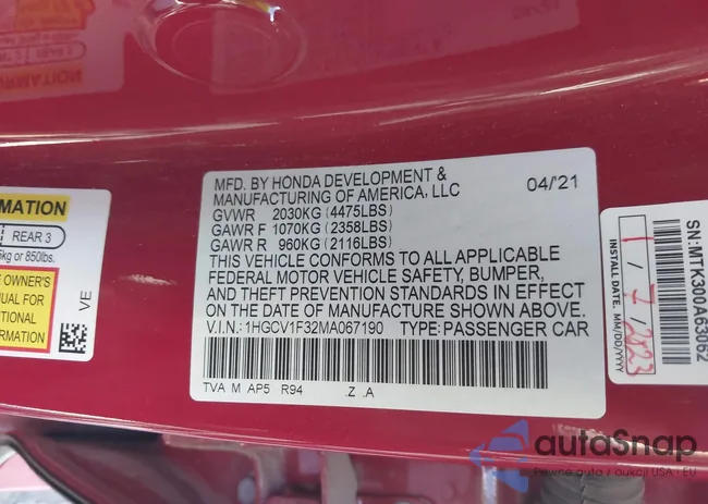 1HGCV1F32MA067190: 43592318