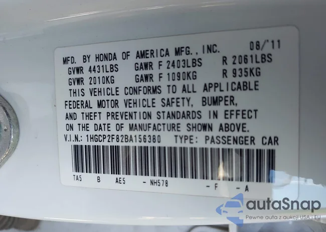 1HGCP2F82BA156380: 43592470