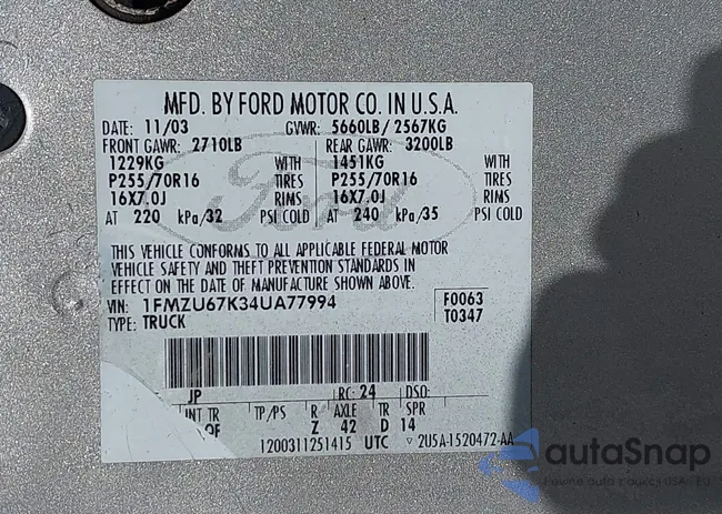 1FMZU67K34UA77994: 43592578