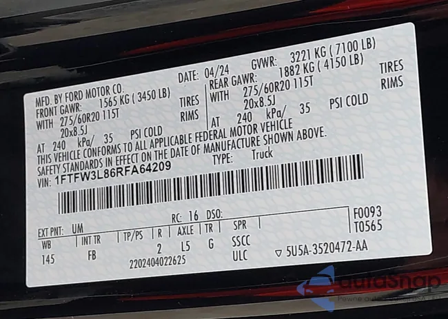 1FTFW3L86RFA64209: 43592585