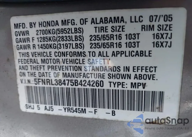 5FNRL38475B424260: 43592754