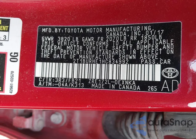 2T1BURHE1HC834992: 43592950