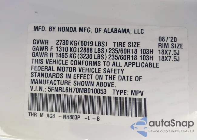 5FNRL6H70MB010053: 43593053