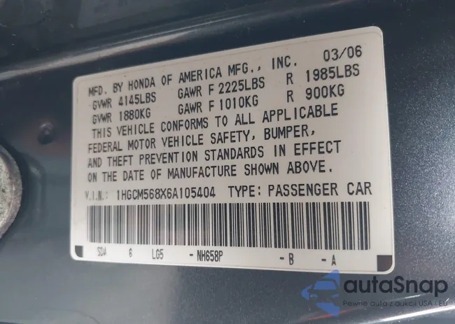 1HGCM568X6A105404: 43595317