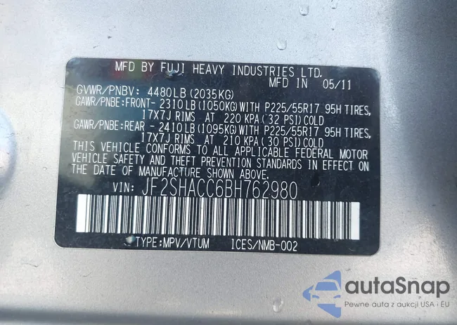 JF2SHACC6BH762980: 43595591