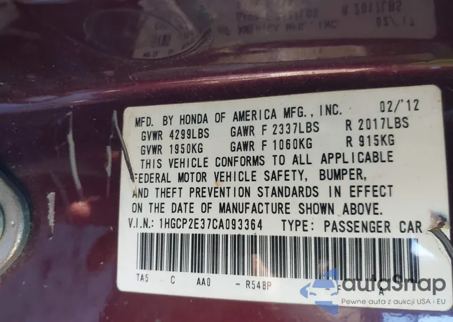 1HGCP2E37CA093364: 43595257