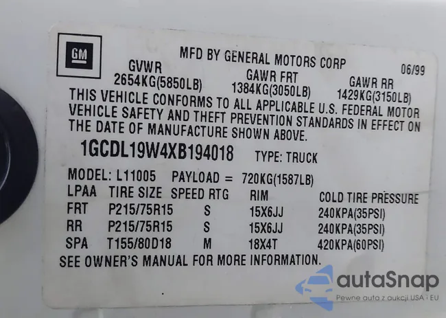 1GCDL19W4XB194018: 43598511