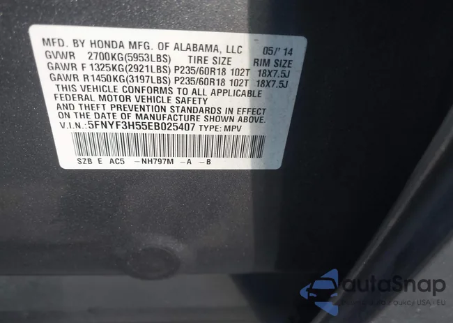 5FNYF3H55EB025407: 43599872