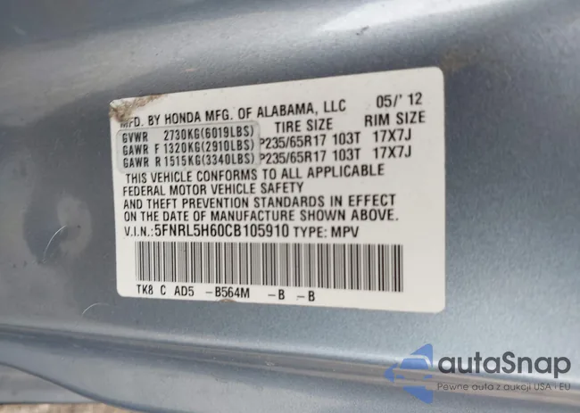 5FNRL5H60CB105910: 43600662